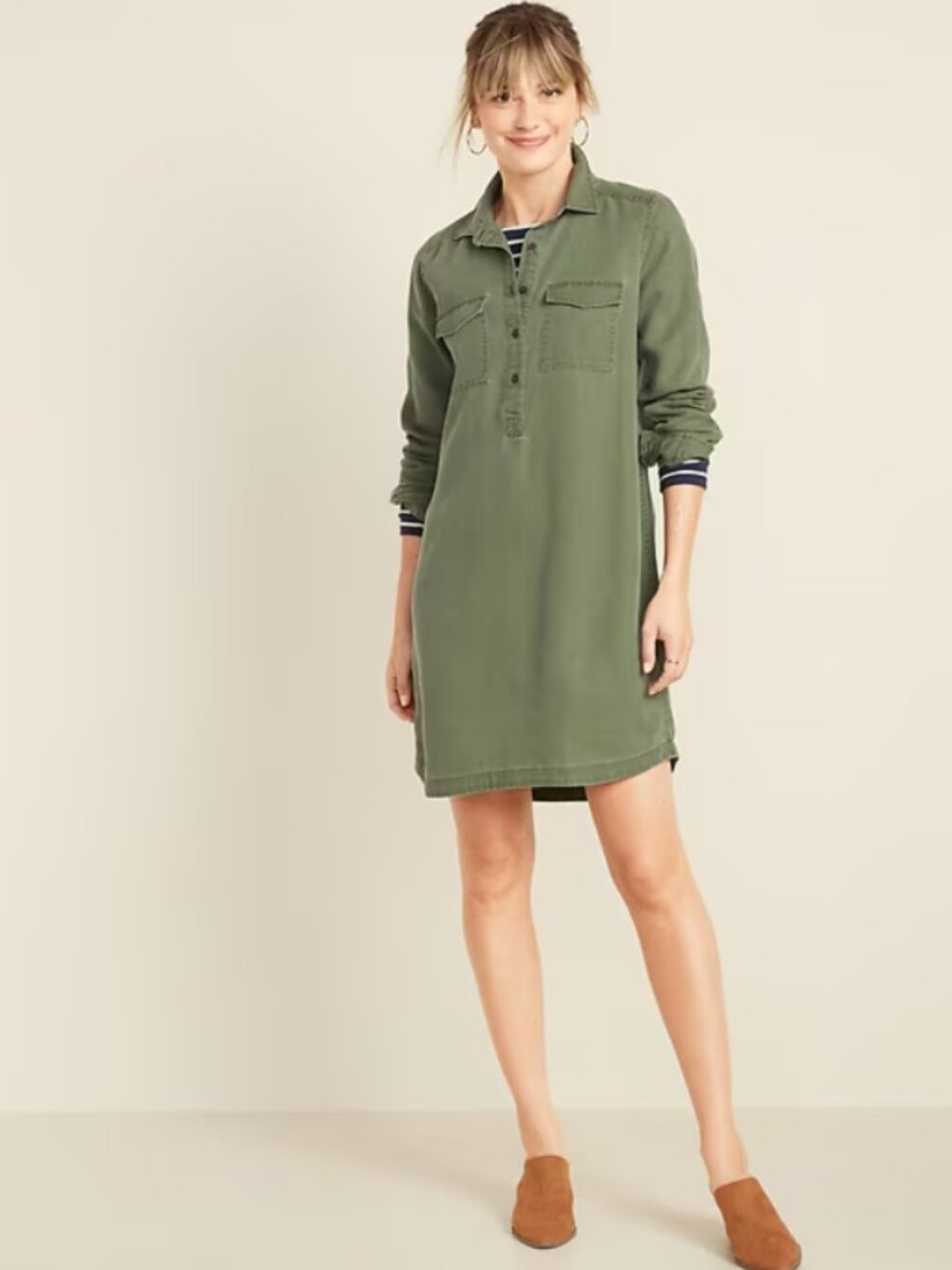 Old Navy Olive Green Tencel Shirt Dress Small NWT Utility Military Casual Mini